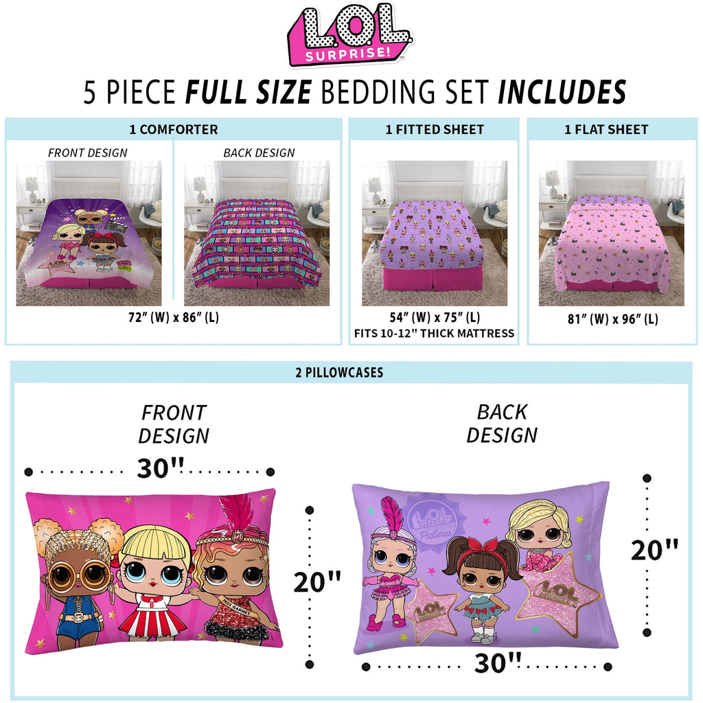LOL Surprise Kids 5 Piece Purple Pink Reversible Comforter, Bed in a Bag, Full