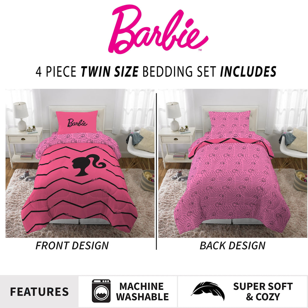 Barbie Kids 4 Piece Pink Chevron Reversible Comforter, Bed in a Bag, Twin