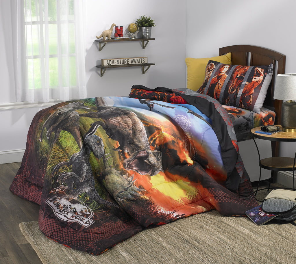Jurassic World Kids 5 Piece Black Red Reversible Comforter, Bed in a Bag, Full