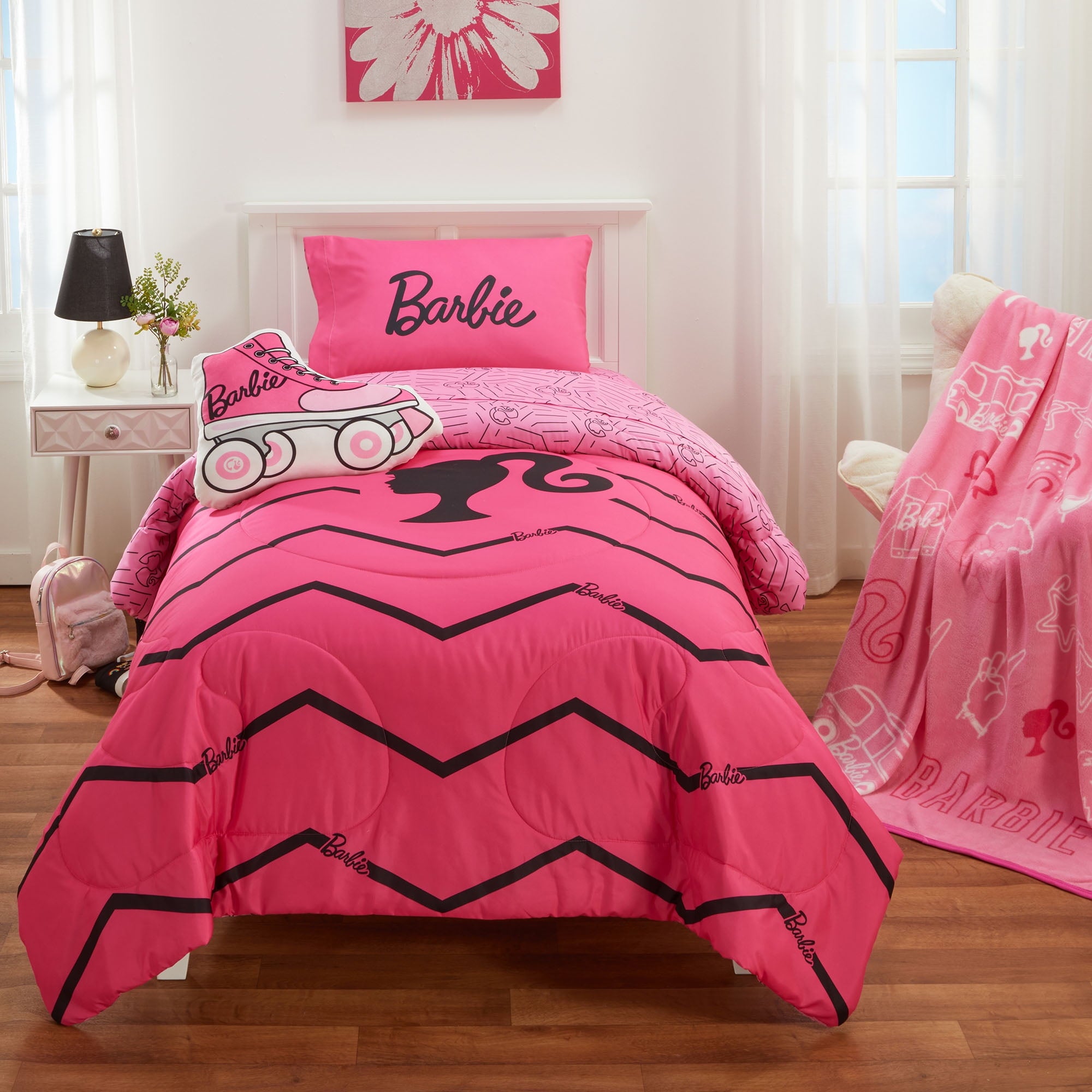 Barbie Kids 4 Piece Pink Chevron Reversible Comforter, Bed in a Bag, Twin