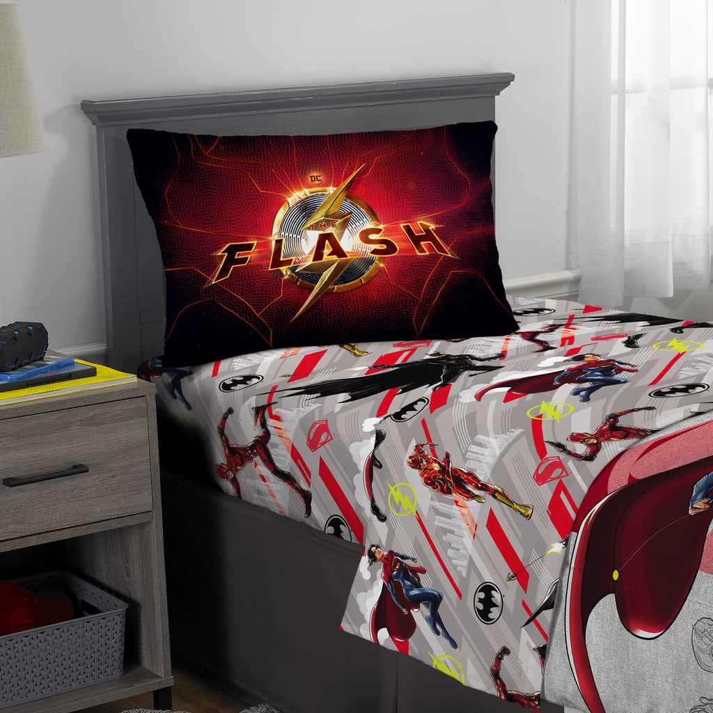 The Flash Kids 4 Piece Red Gray Reversible Comforter, Bed in a Bag, Twin
