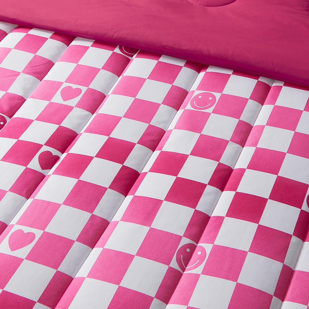 Checkerboard Hearts Hot Pink 2-Piece Ultra Soft Microfiber Comforter Set - Twin