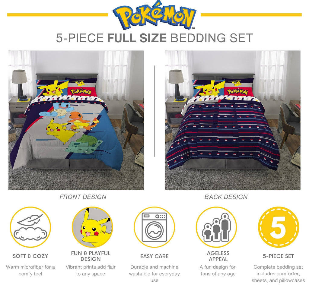 Pokemon Kids 5 Piece Gray Blue Reversible Comforter, Bed in a Bag, Full
