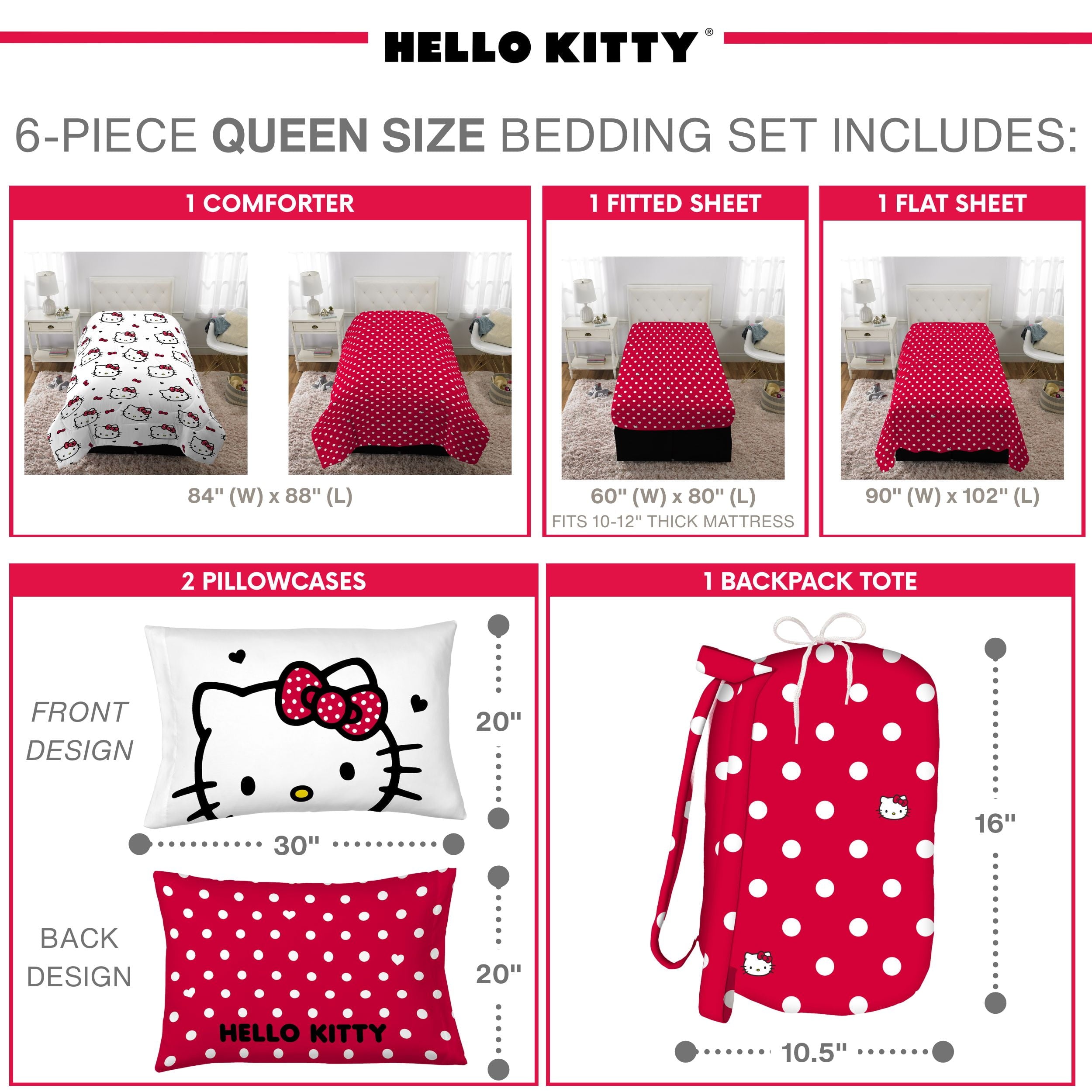 Hello Kitty Kids Queen Bed in a Bag, Comforter Sheet Set and Bonus Tote, Pink Sanrio