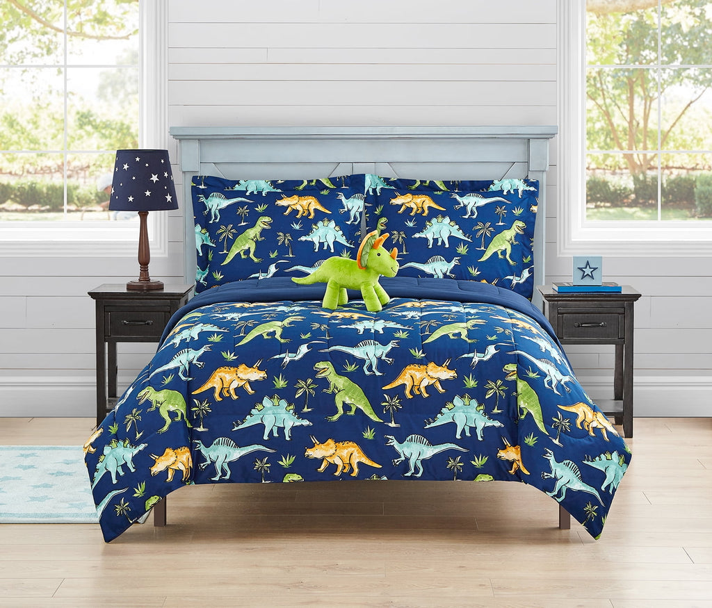 Watercolor Dinosaur Navy 3-Piece Microfiber Comforter Set - Twin