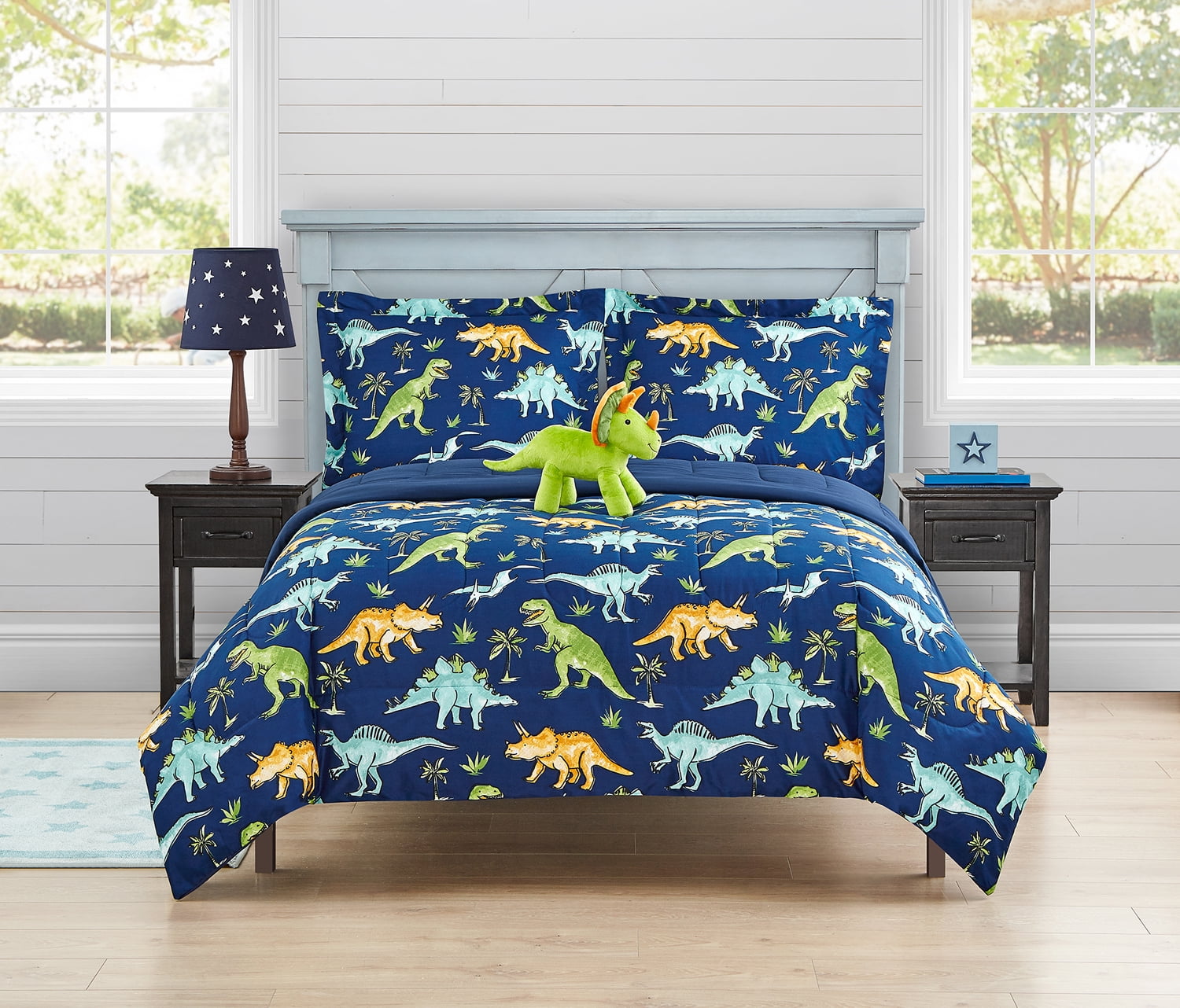 Watercolor Dinosaur Navy 3-Piece Microfiber Comforter Set - Twin