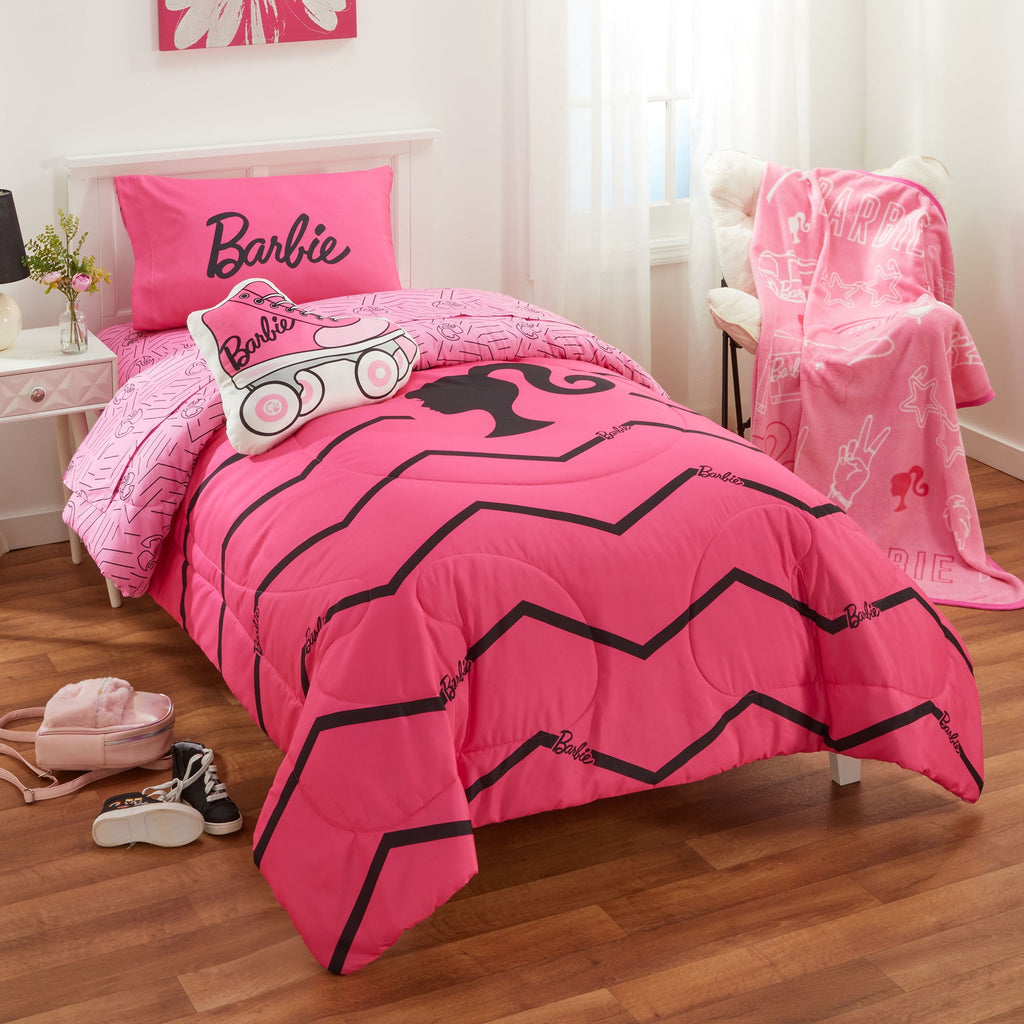 Barbie Kids 4 Piece Pink Chevron Reversible Comforter, Bed in a Bag, Twin