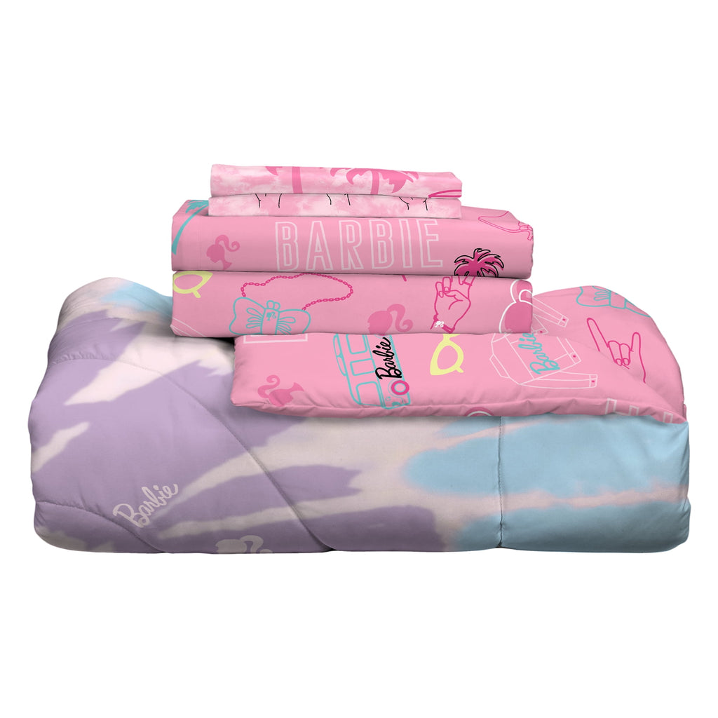 Barbie Kids 5 Piece Pink Tie Dye Reversible Comforter, Bed in a Bag, Full