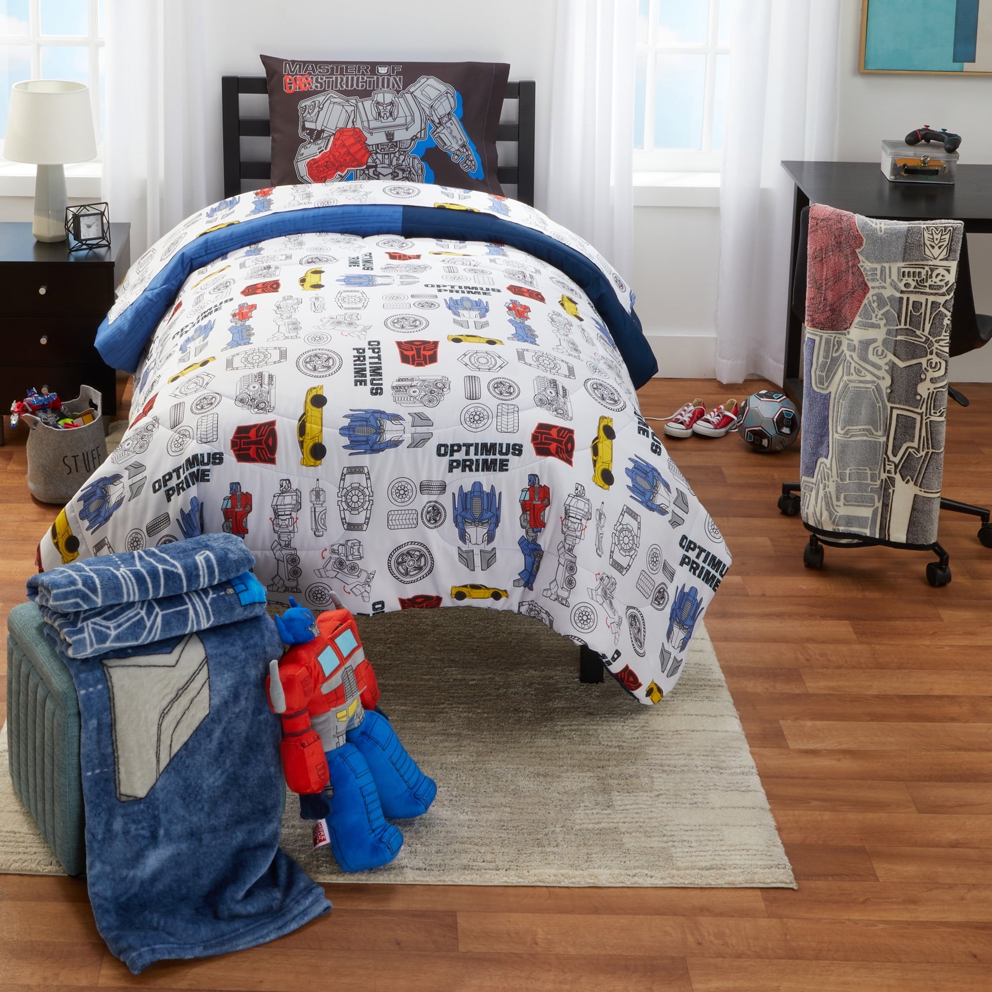 Transformers Kids 4 Piece Blue Gray White Reversible Comforter, Bed in a Bag, Twin