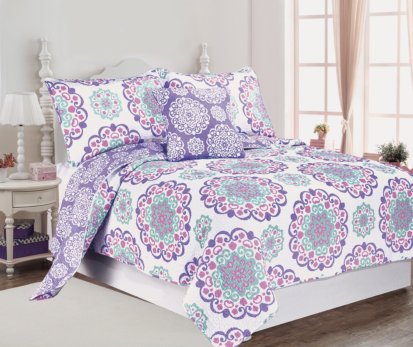 ALEX + BELLA Quilt Set, Vivian, Purple, Reversible, 100% Cotton, Cotton/Polyester Fill Material, Prewashed, Twin, 3 Piece