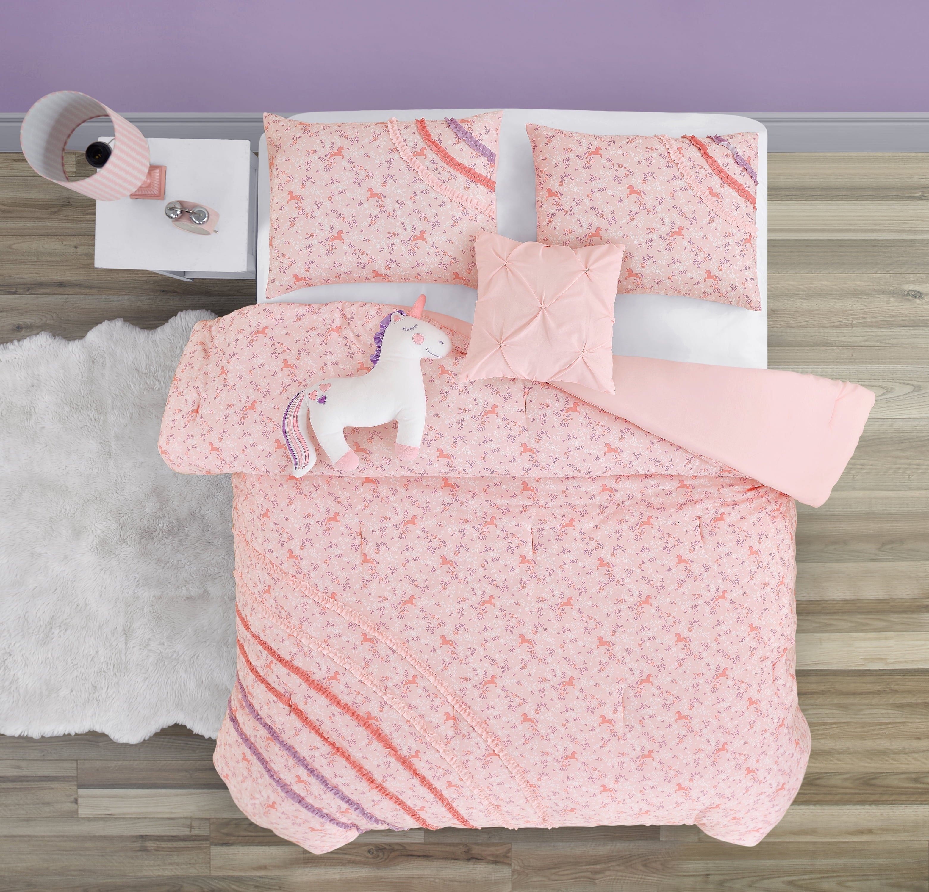 ALEX + BELLA Comforter Set PinkRainbow Ruffle Microfiber,Twin, 4 Piece