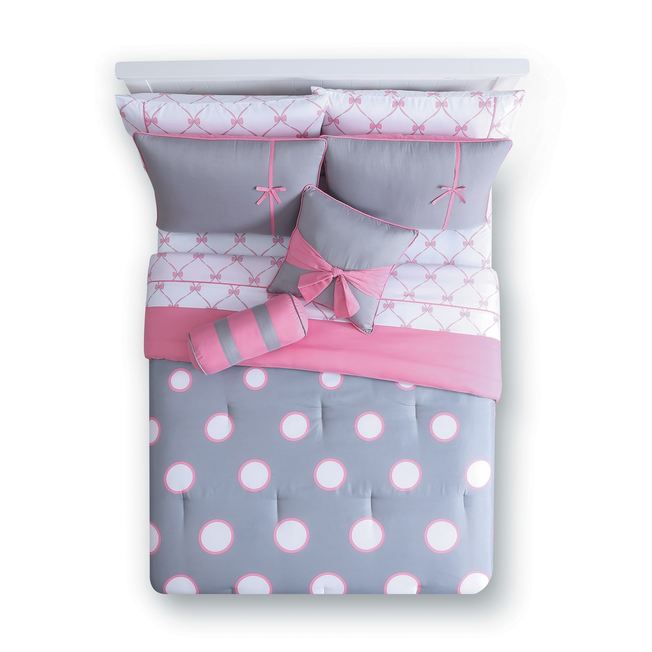 VCNY Home Kids' Sophie 10-Piece Grey/Pink Polka Dot Polyester Bed in a Bag, Full, Girls