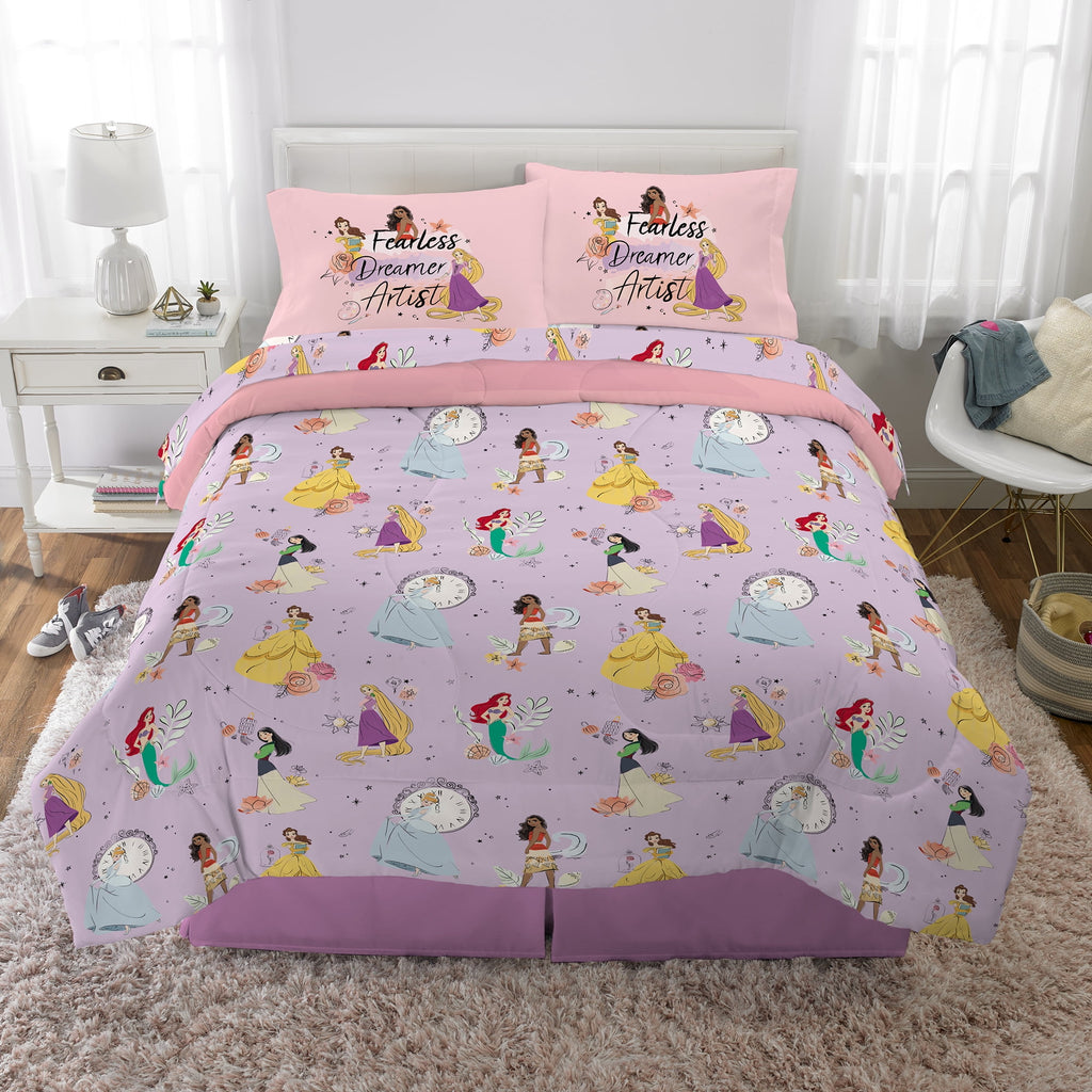 Disney Princess Kids 5 Piece Purple Reversible Comforter, Bed in a Bag, Full