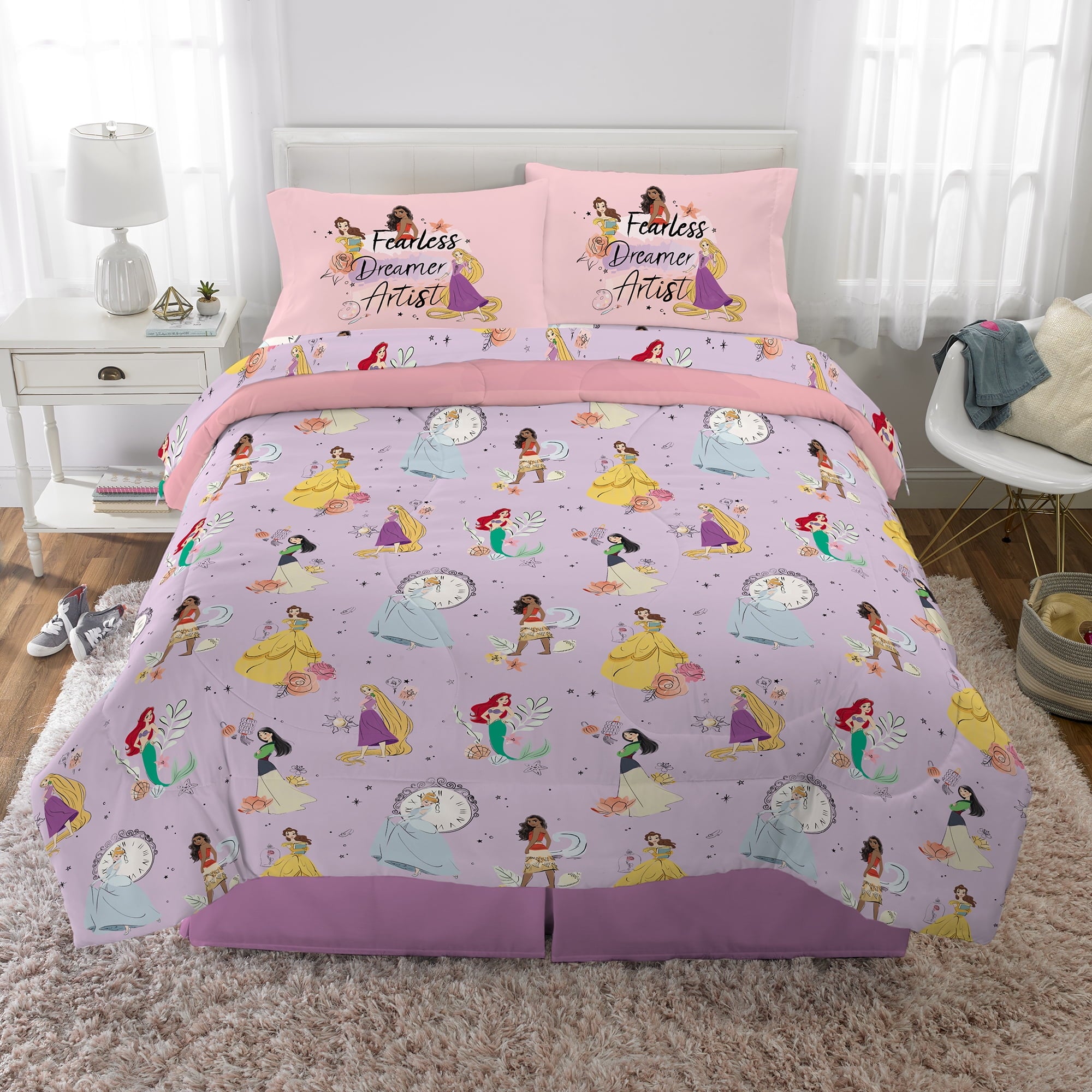 Disney Princess Kids 5 Piece Purple Reversible Comforter, Bed in a Bag, Full