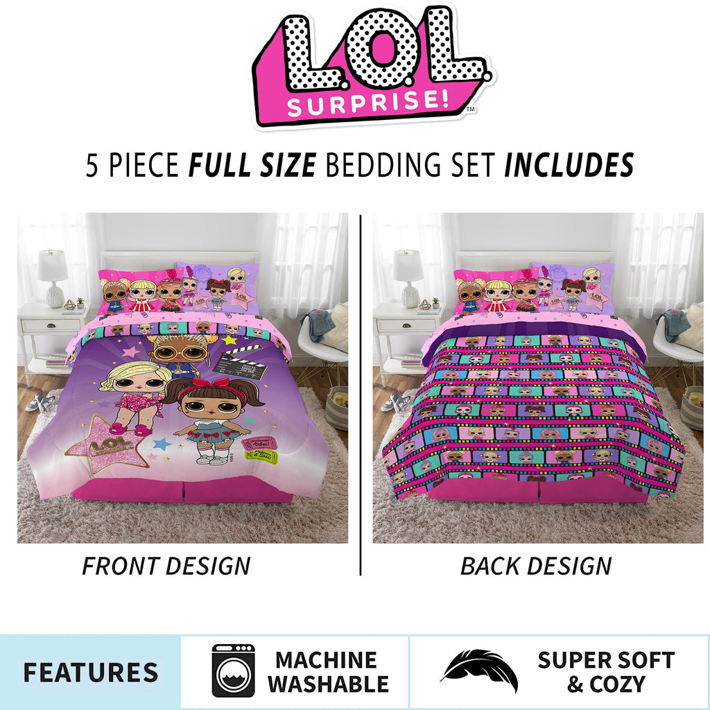 LOL Surprise Kids 5 Piece Purple Pink Reversible Comforter, Bed in a Bag, Full