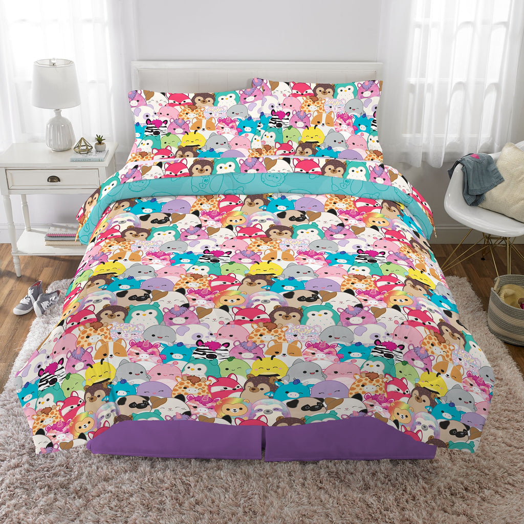 Squishmallows Kids 5 Piece Teal Purple Reversible Comforter, Bed in a Bag, Full