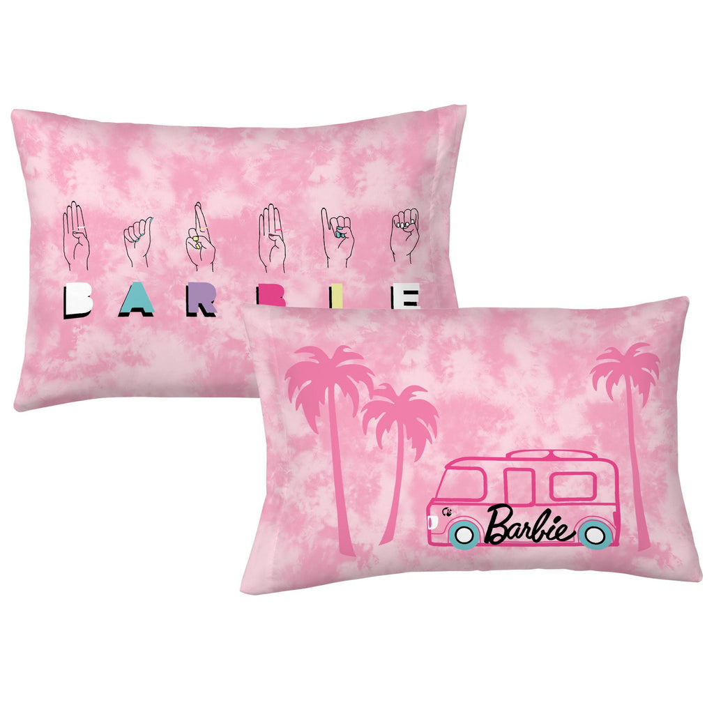 Barbie Kids 5 Piece Pink Tie Dye Reversible Comforter, Bed in a Bag, Full