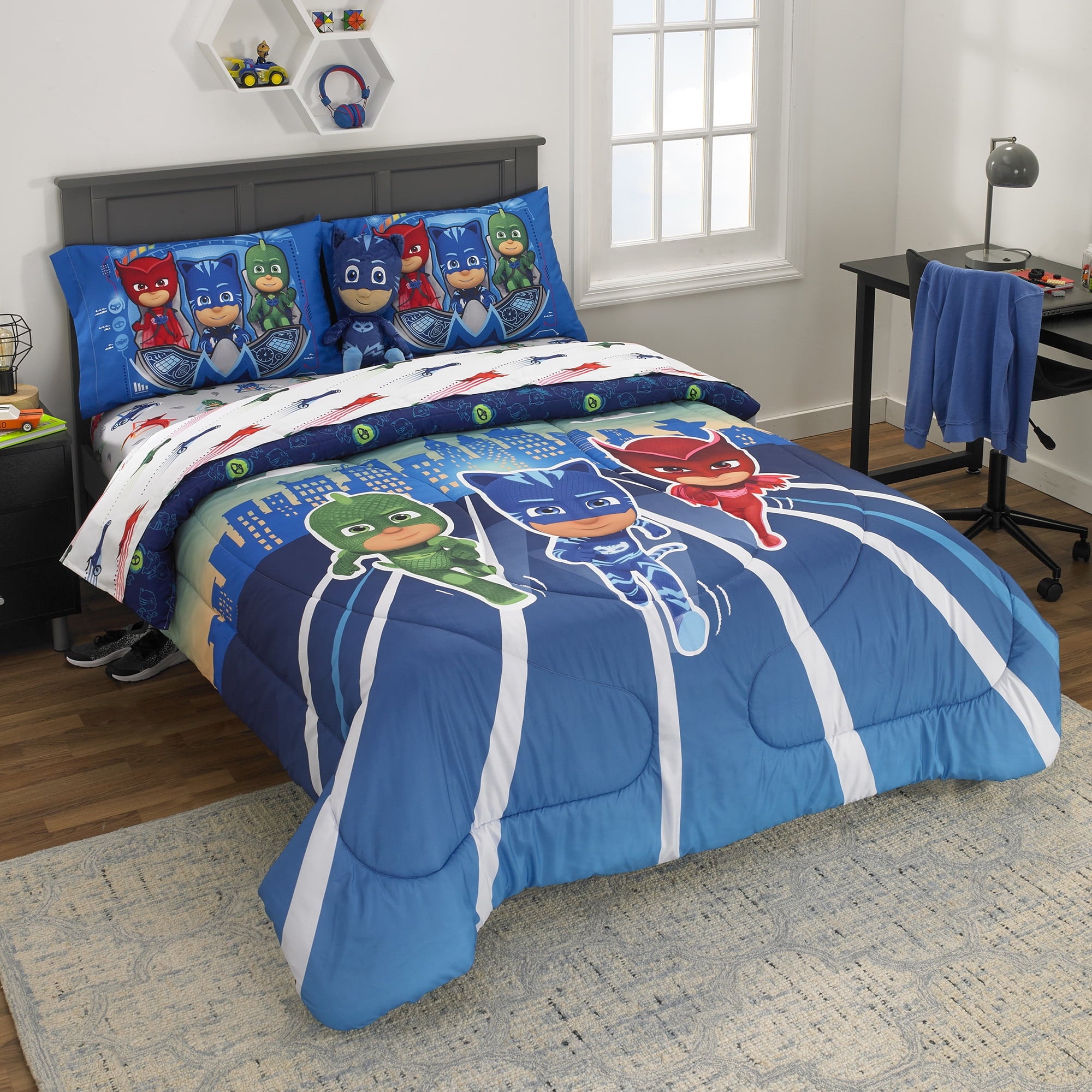 PJ Masks Kids 5 Piece Blue White Reversible Comforter, Bed in a Bag, Full