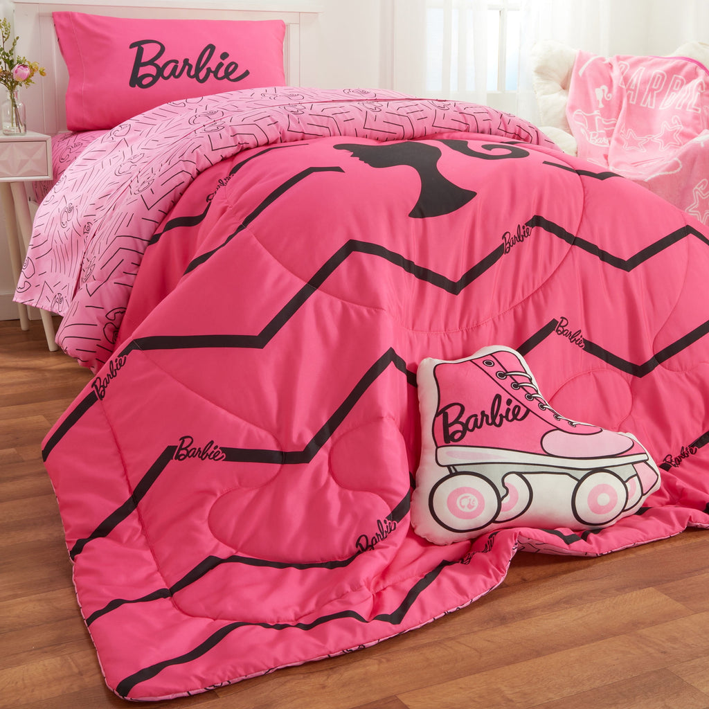 Barbie Kids 4 Piece Pink Chevron Reversible Comforter, Bed in a Bag, Twin