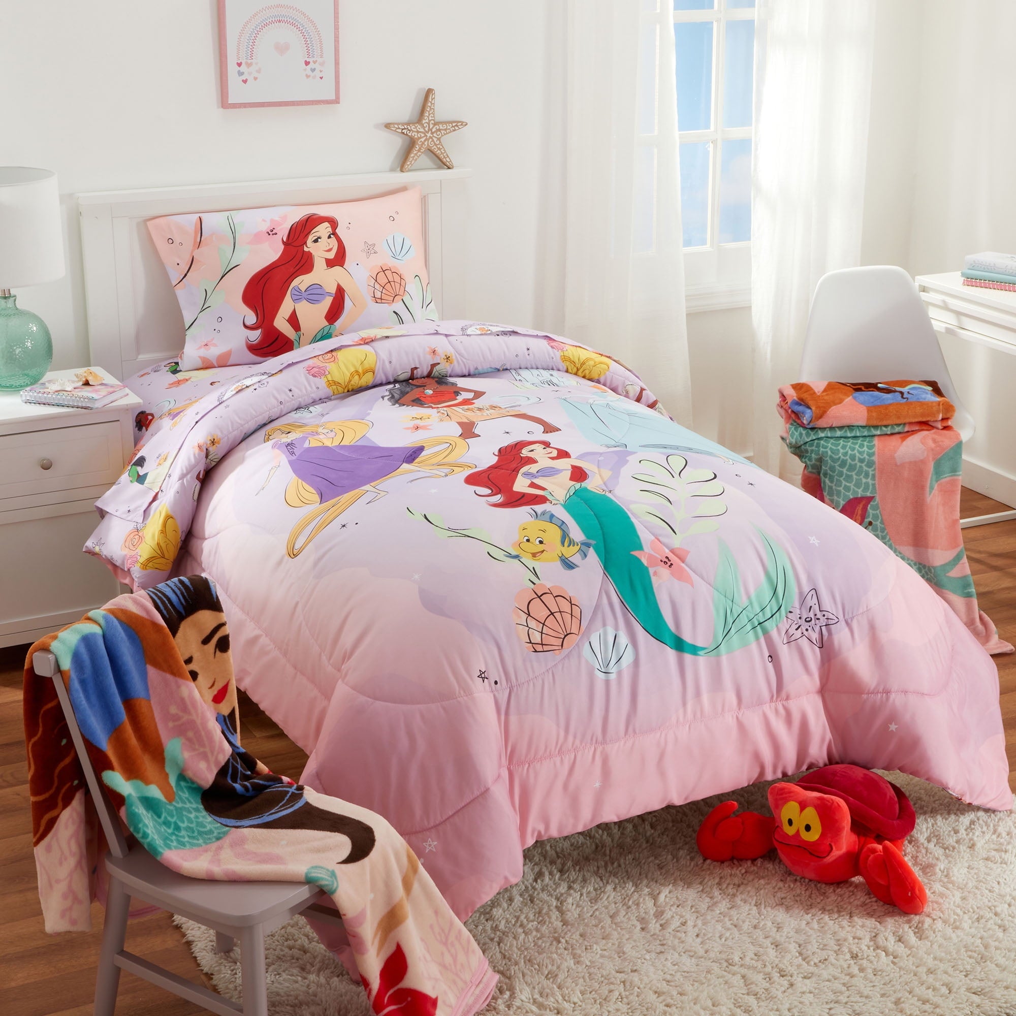 Disney Princess Kids 5 Piece Purple Reversible Comforter, Bed in a Bag, Full