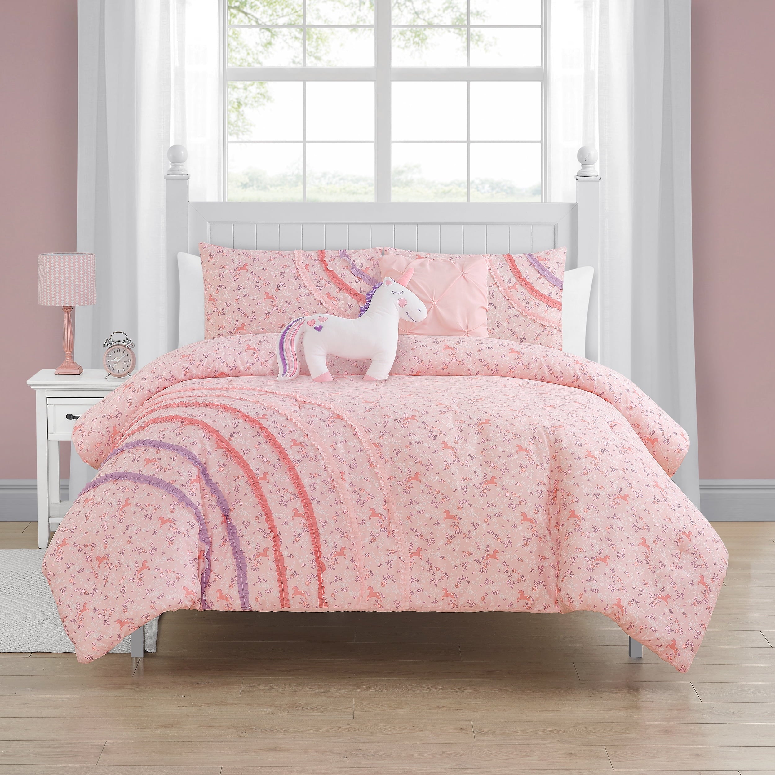 ALEX + BELLA Comforter Set PinkRainbow Ruffle Microfiber,Twin, 4 Piece