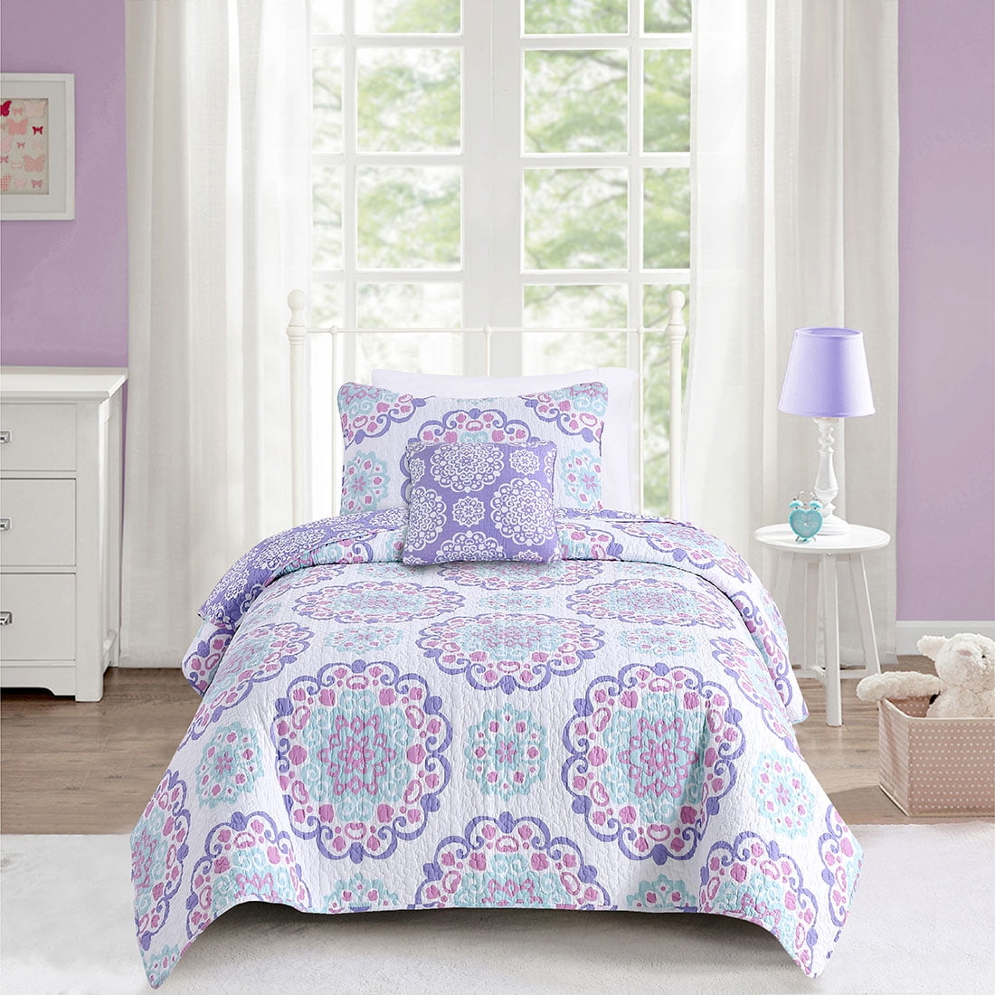 ALEX + BELLA Quilt Set, Vivian, Purple, Reversible, 100% Cotton, Cotton/Polyester Fill Material, Prewashed, Twin, 3 Piece