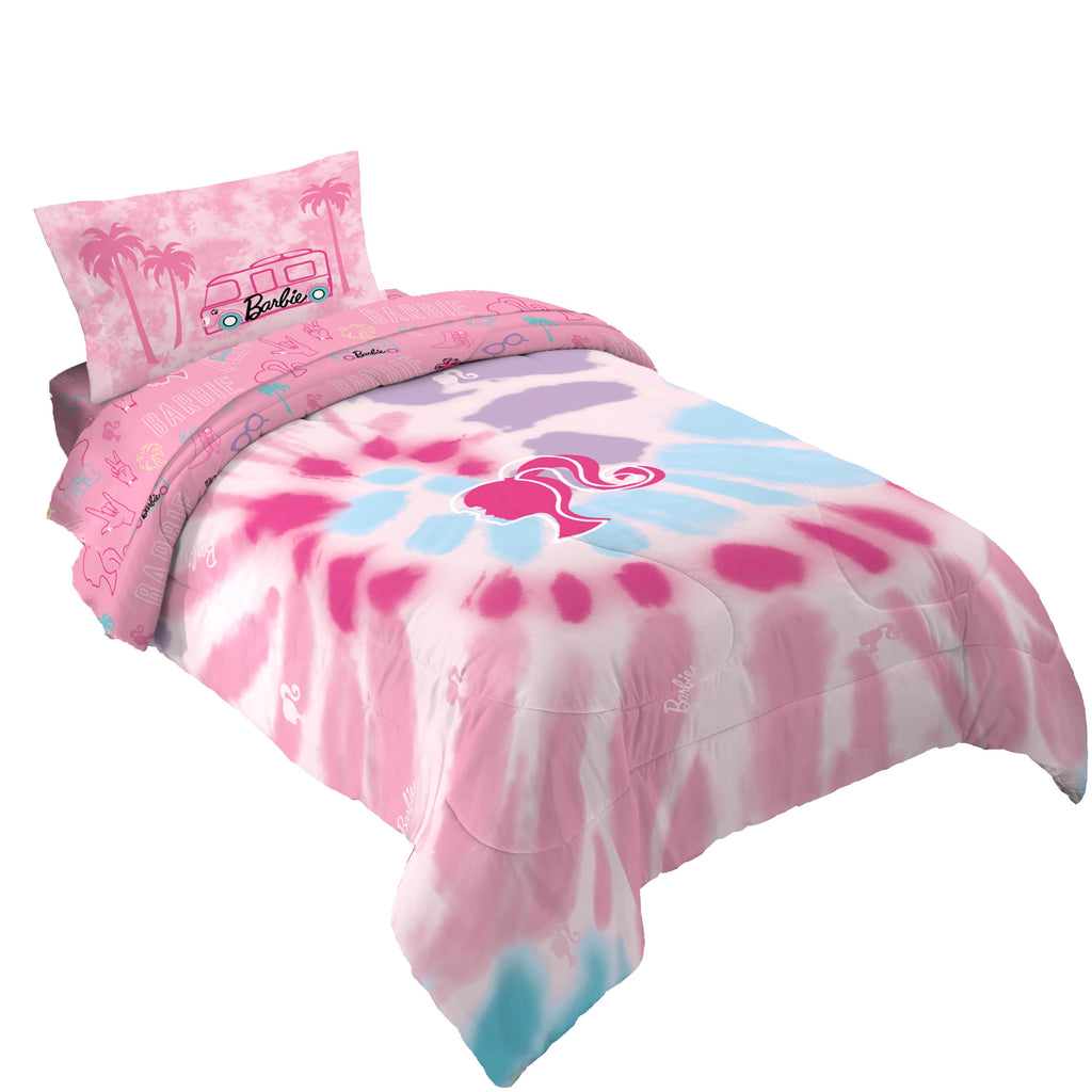 Barbie Kids 5 Piece Pink Tie Dye Reversible Comforter, Bed in a Bag, Full