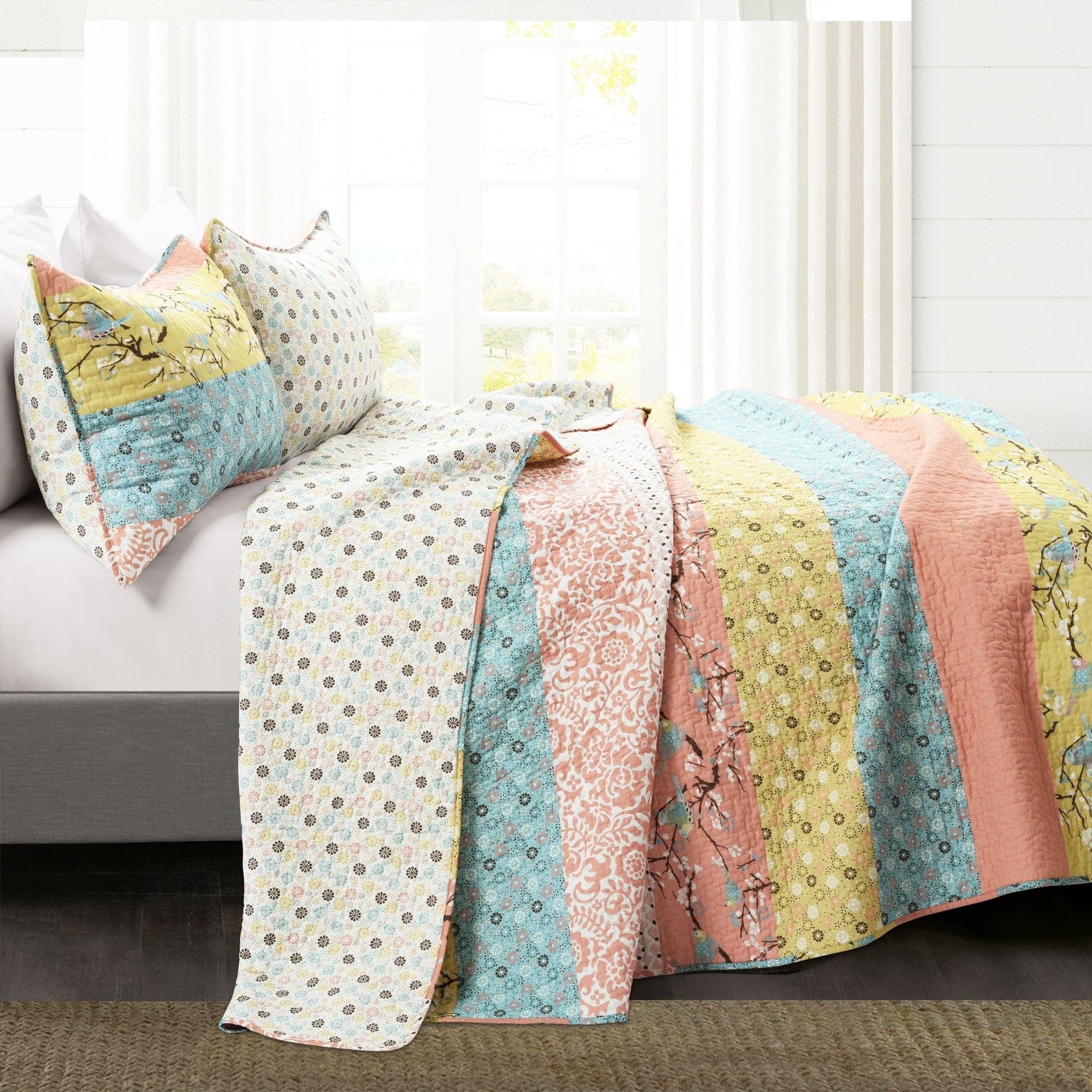 Lush Decor Royal Empire Stripe Cotton Reversible Quilt, Full/Queen, Tangerine, 3-Pc Set