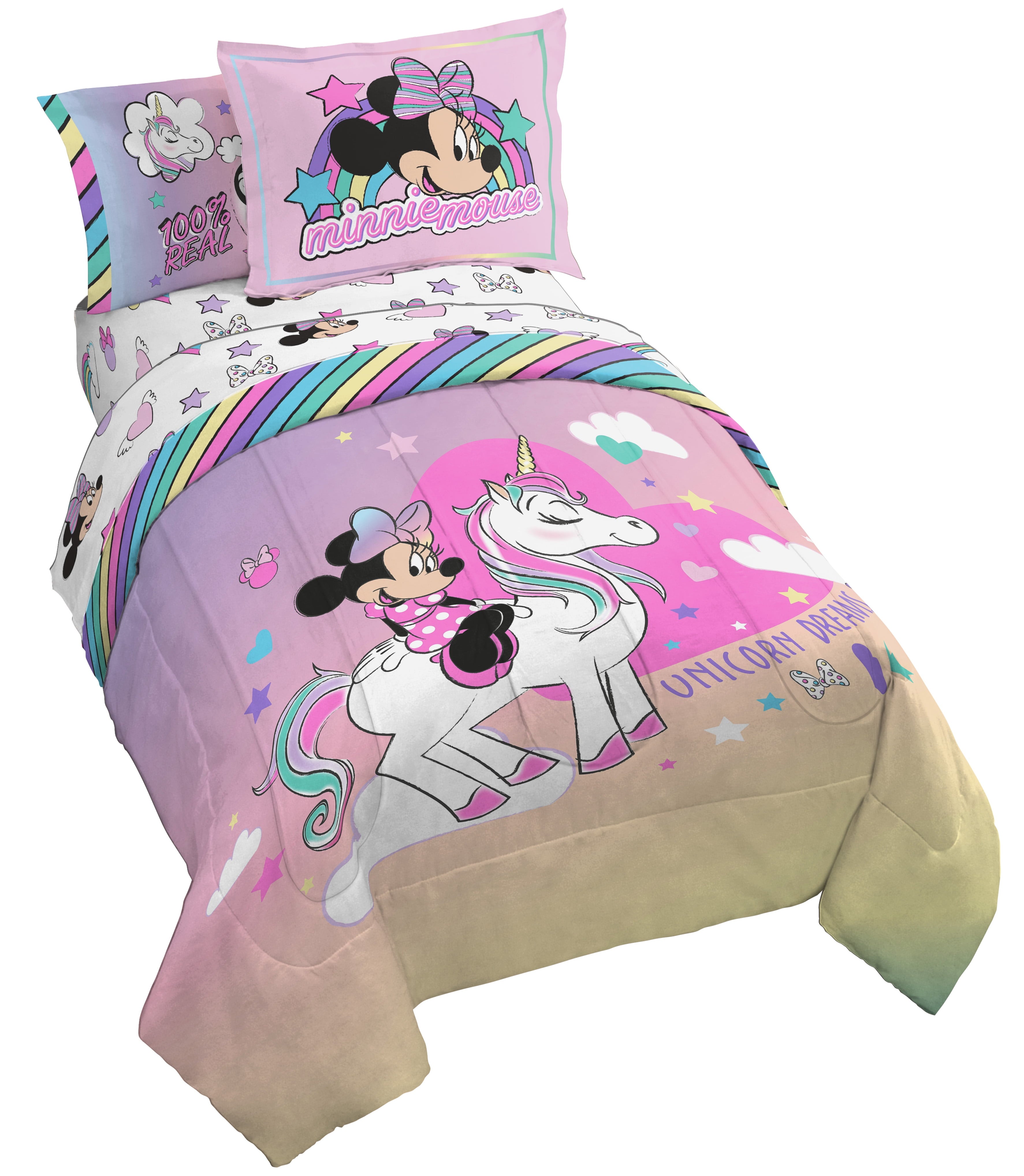 Minnie Mouse Rainbow Unicorn Dreams Kids Pink 100% Microfiber 7-Piece Bedding Set, Full