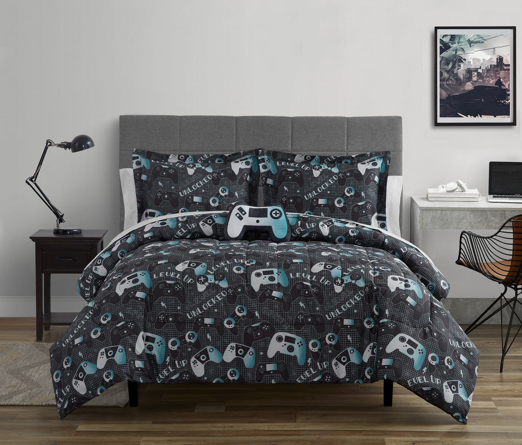 Next Level Dark Grey/Blue 4-Piece Microfiber Comforter Set - Full