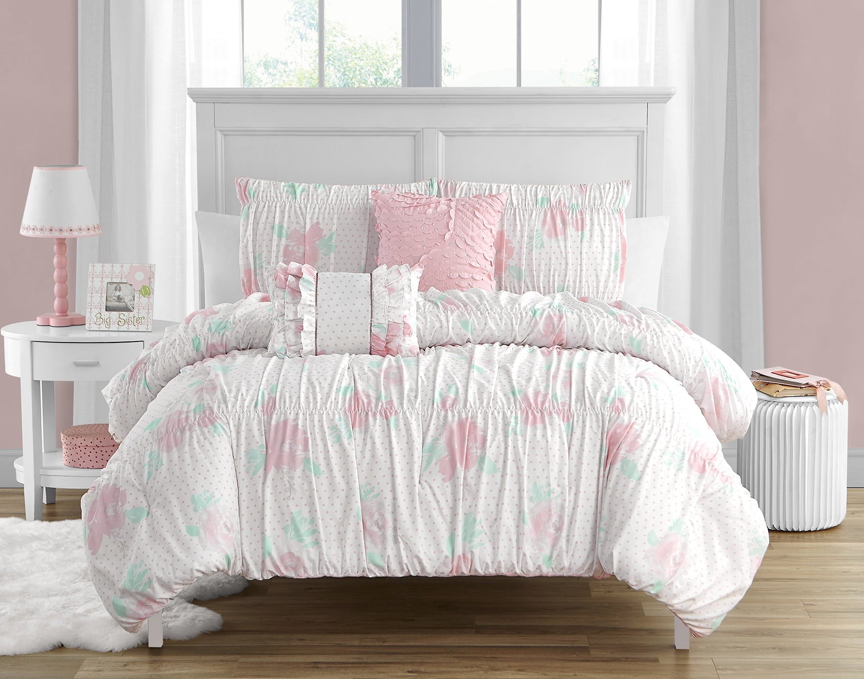 Tabitha Smocked Pink 5-Piece Microfiber Comforter Set - Full