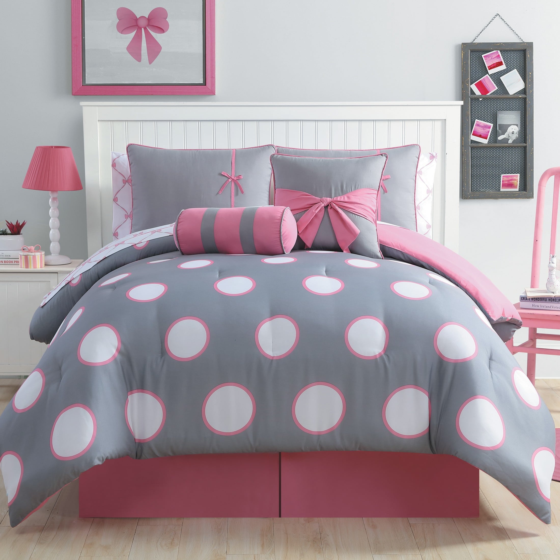 VCNY Home Kids' Sophie 8-Piece Grey/Pink Polka Dot Polyester Bed in a Bag, Twin, Girls