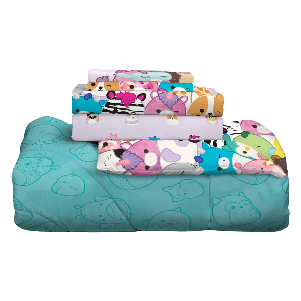 Squishmallows Kids 5 Piece Teal Purple Reversible Comforter, Bed in a Bag, Full