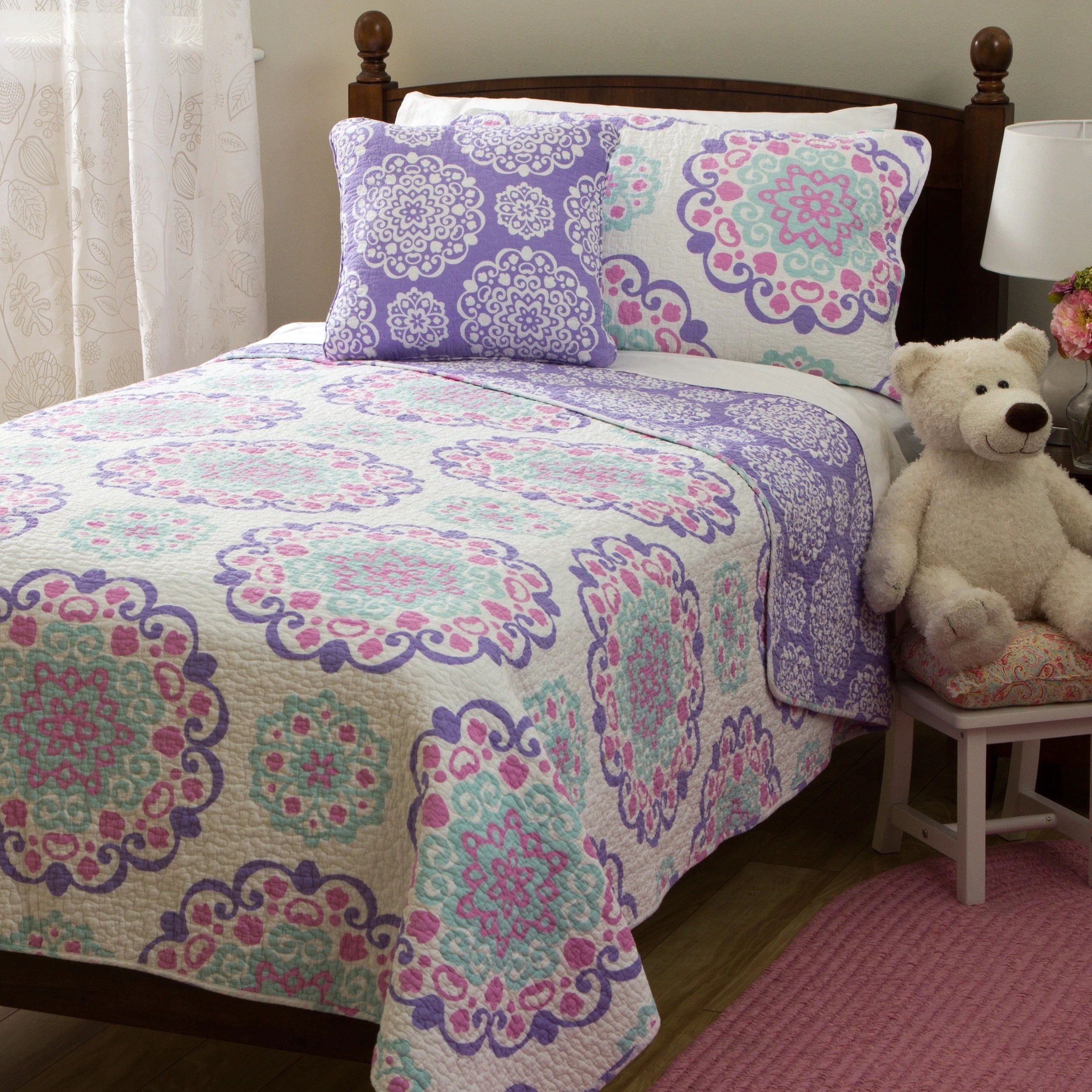 ALEX + BELLA Quilt Set, Vivian, Purple, Reversible, 100% Cotton, Cotton/Polyester Fill Material, Prewashed, Twin, 3 Piece