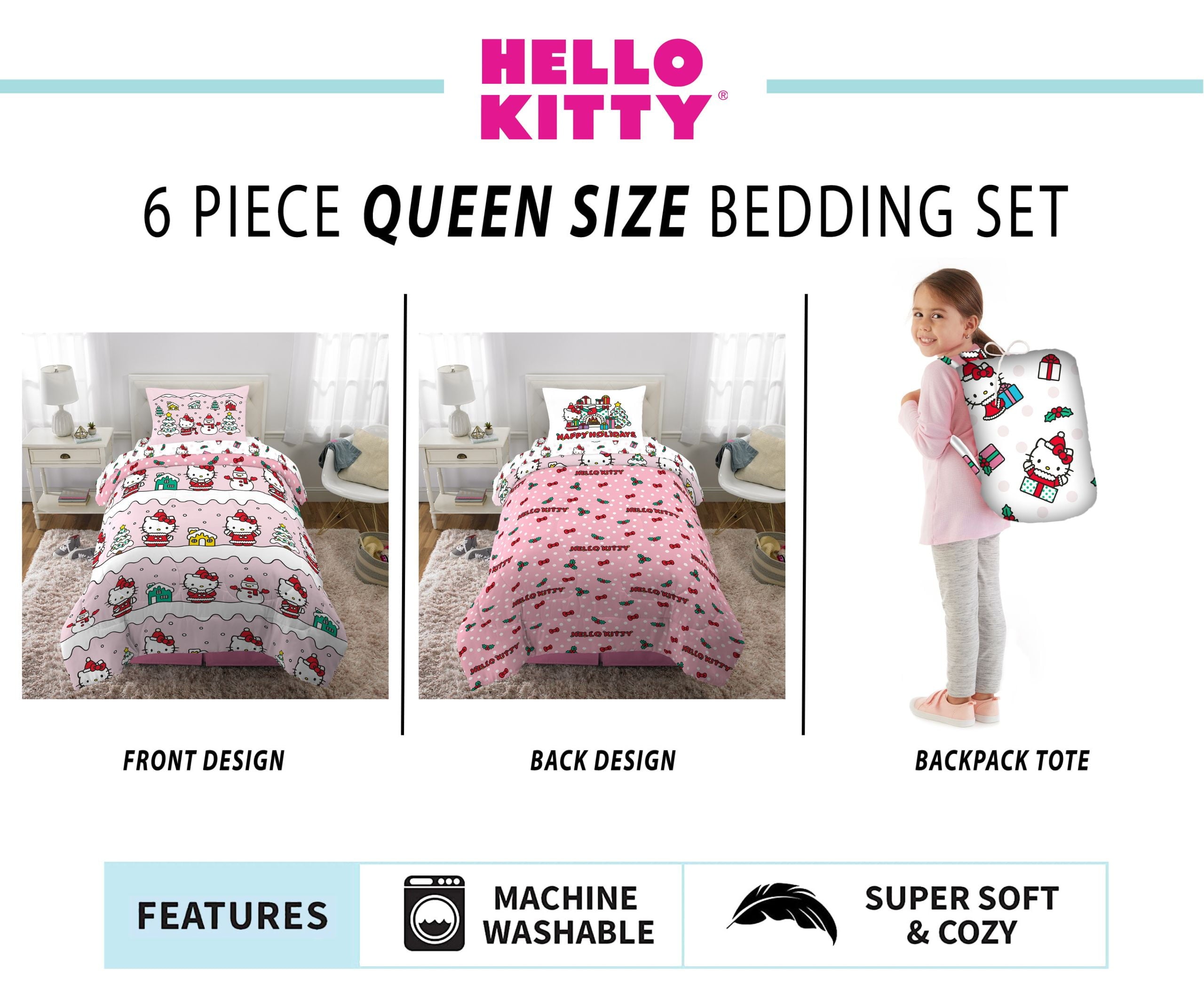Hello Kitty Holiday Kids 6 Piece Reversible Comforter, Bed in a Bag, Queen