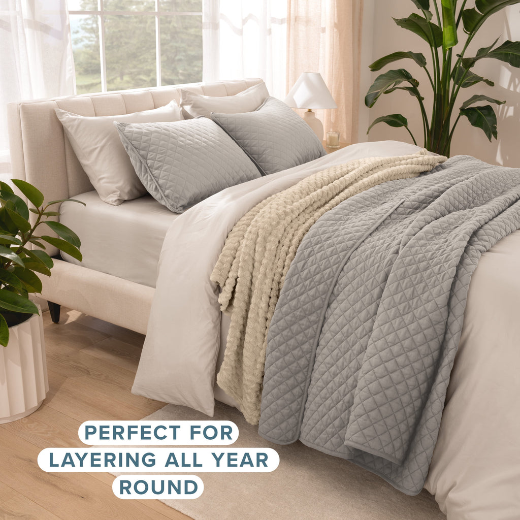 Bare Home Quilt Set - 3 Piece - Diamond Stitched Bedspread Coverlet - Full/Queen, Light Gray