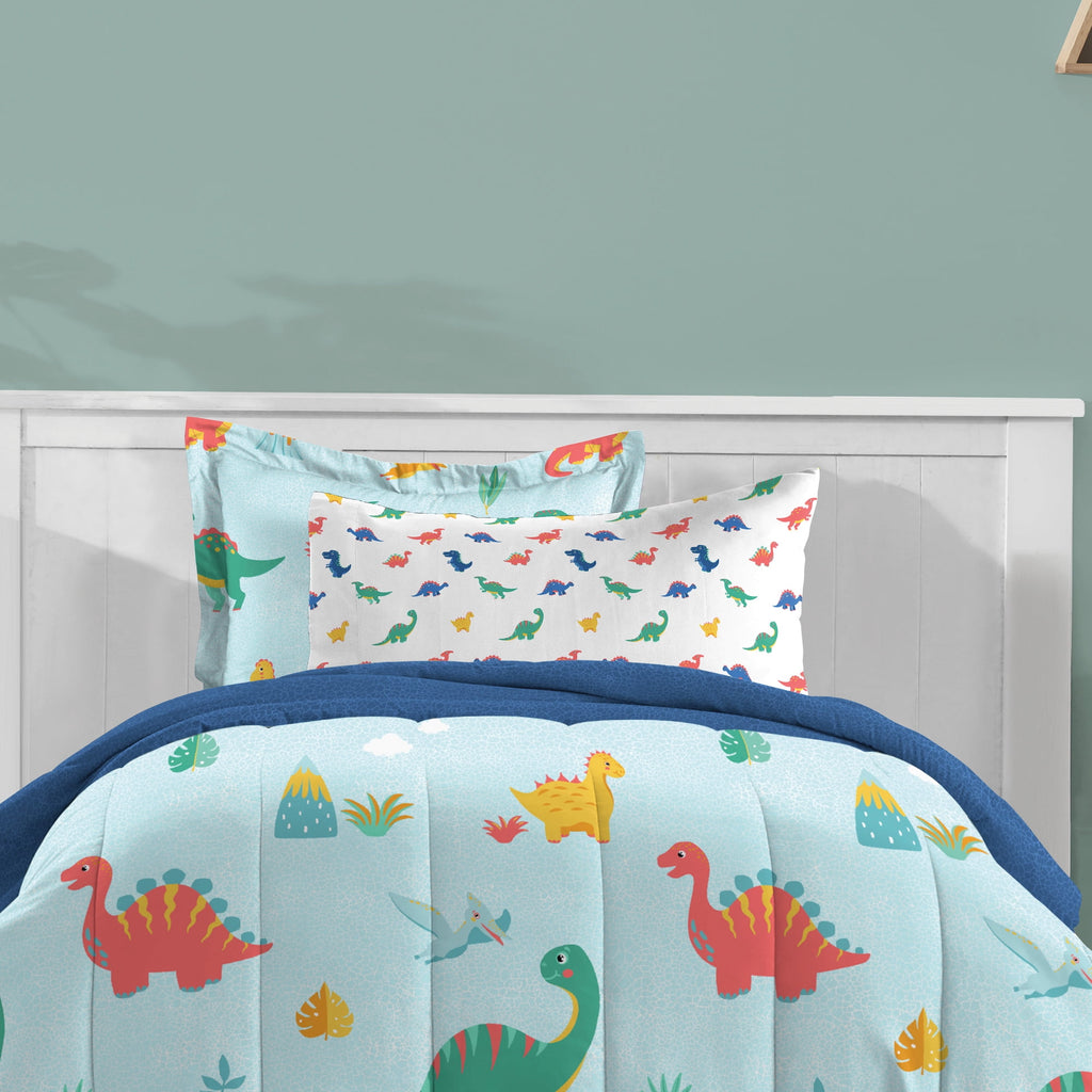 Dream Factory Sweet Dino Full Bed in a Bag Blue, Microfiber, 100% Polyester Fill, Male, Child