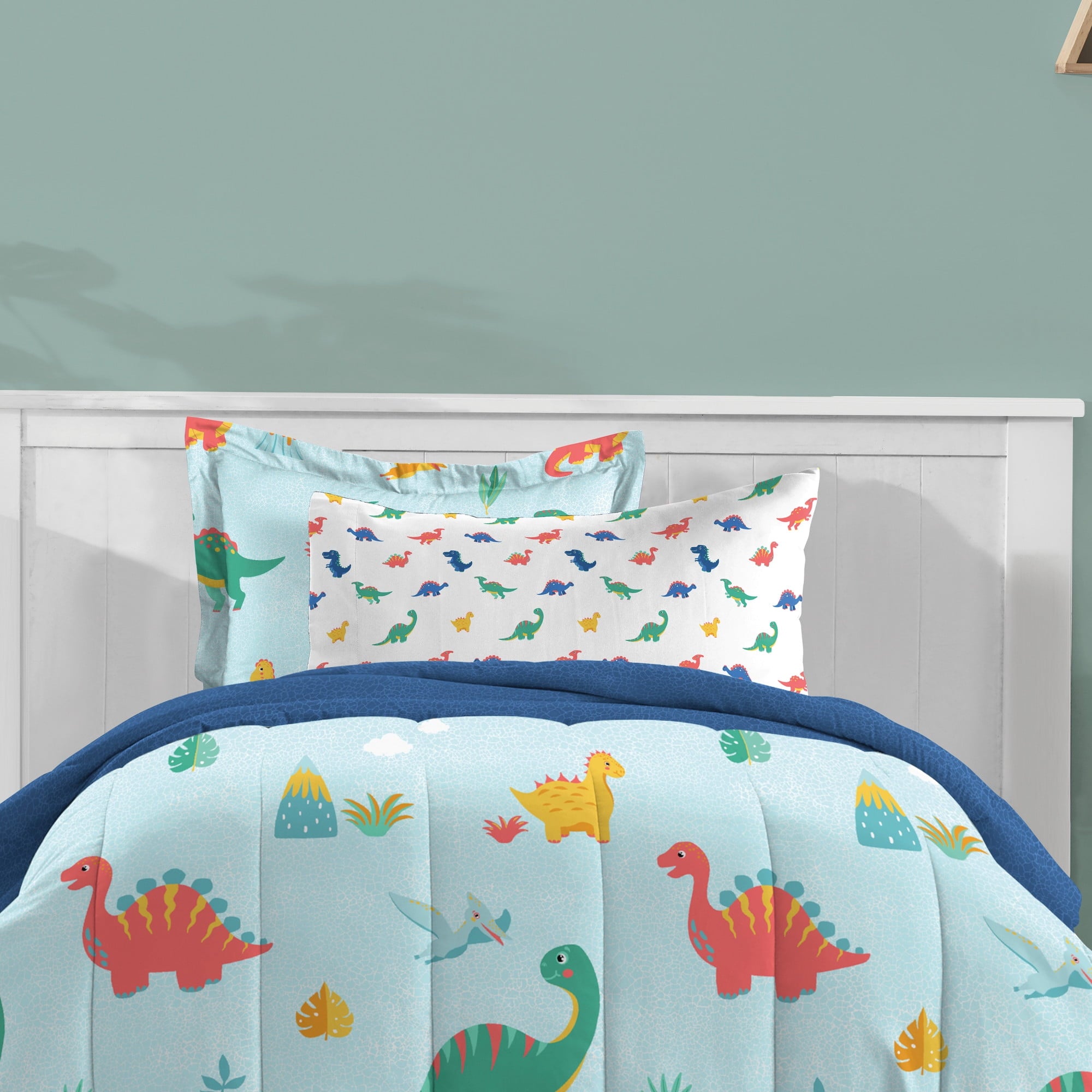 Dream Factory Sweet Dino Full Bed in a Bag Blue, Microfiber, 100% Polyester Fill, Male, Child