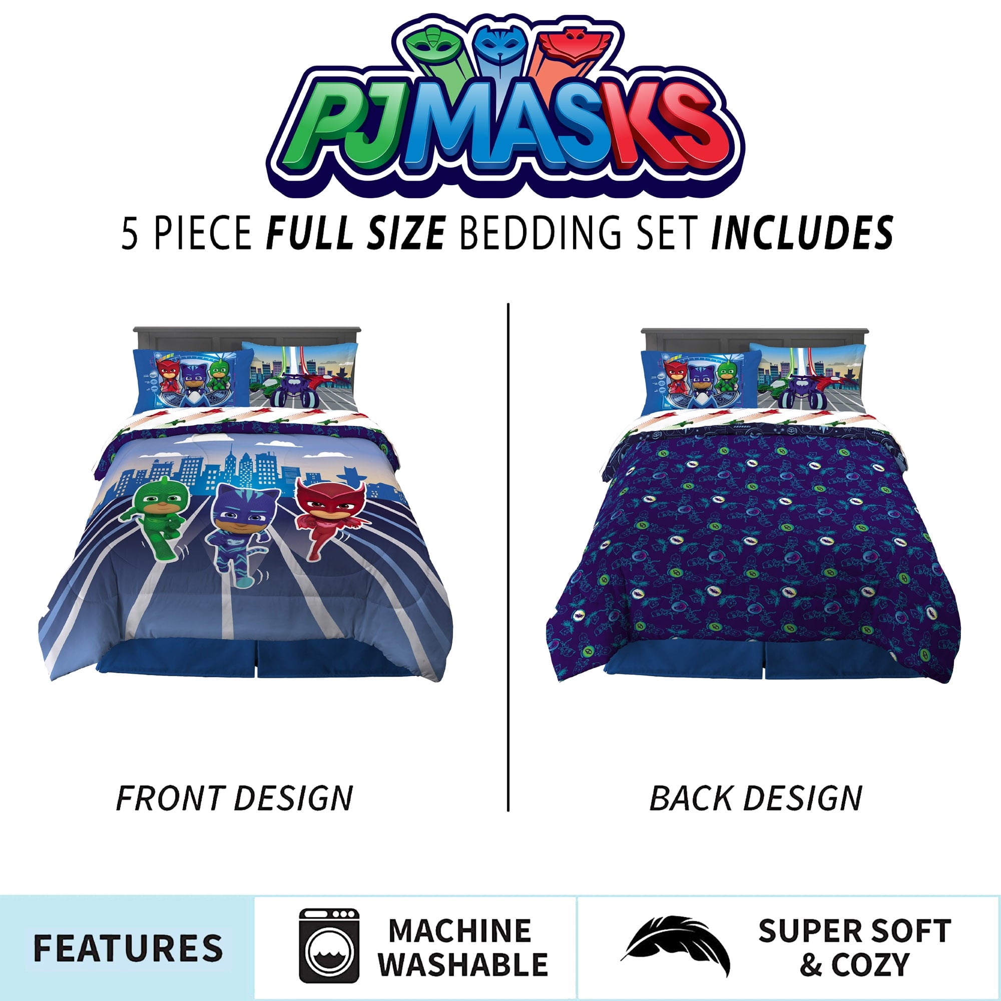 PJ Masks Kids 5 Piece Blue White Reversible Comforter, Bed in a Bag, Full