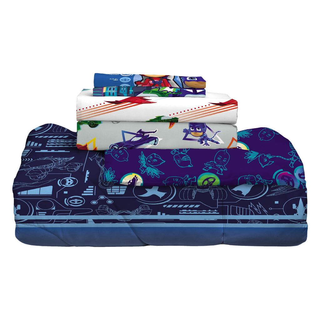 PJ Masks Kids 5 Piece Blue White Reversible Comforter, Bed in a Bag, Full