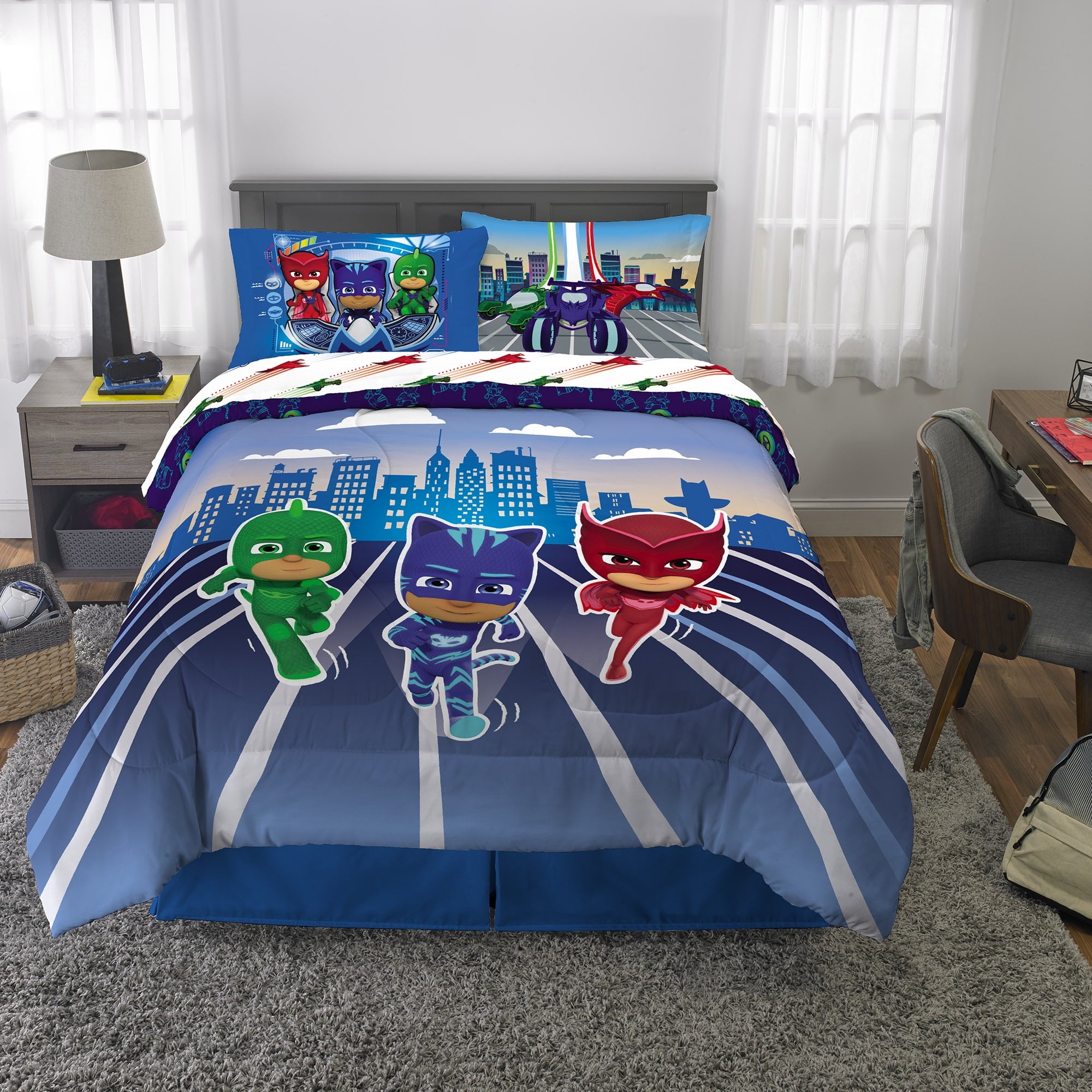 PJ Masks Kids 5 Piece Blue White Reversible Comforter, Bed in a Bag, Full