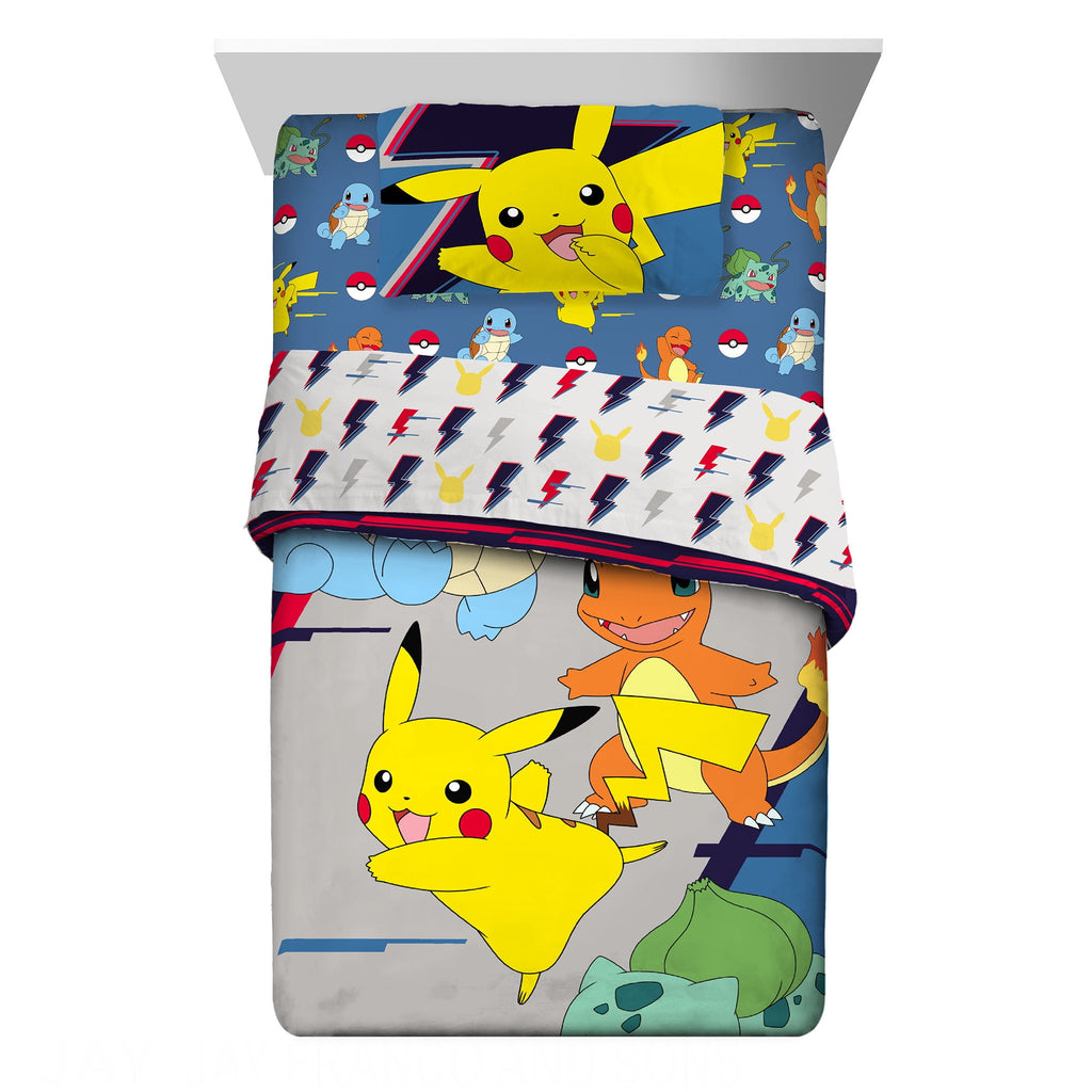 Pokemon Kids 5 Piece Gray Blue Reversible Comforter, Bed in a Bag, Full